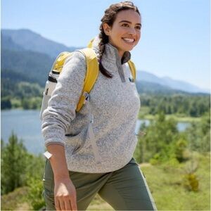 L.L. Bean Fleece Knit Sweater Pullover Quarter Snap in Heather Gray / Pewter